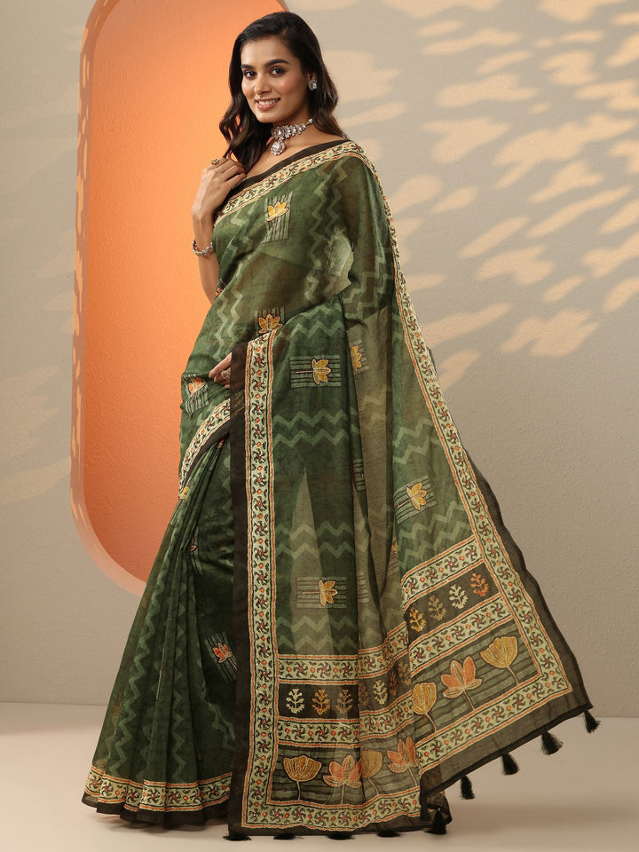Olive Printed Silk Blend Saree With Unstitched Blouse Piece