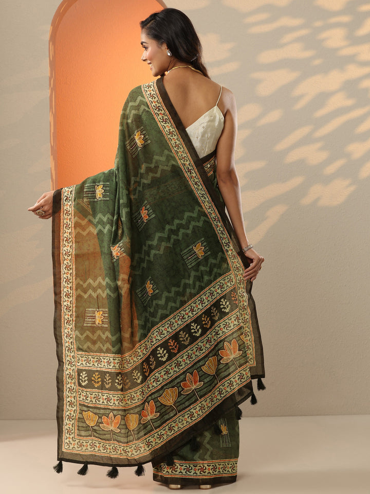 Olive Printed Silk Blend Saree With Unstitched Blouse Piece