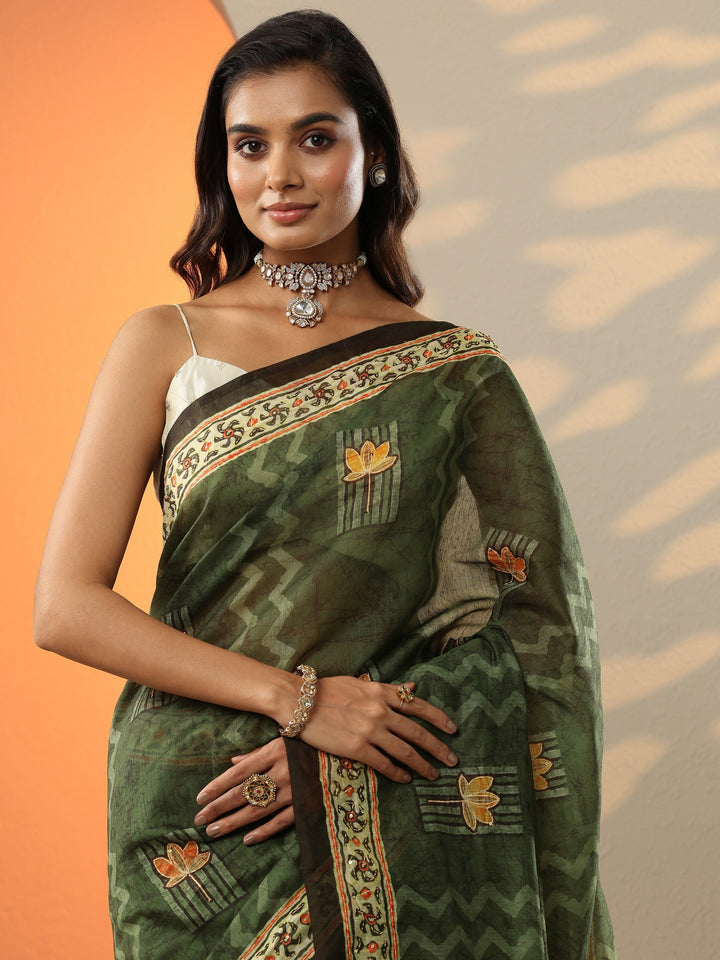 Olive Printed Silk Blend Saree With Unstitched Blouse Piece