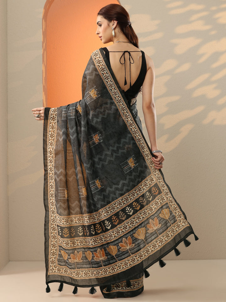 Black Printed Silk Blend Saree With Unstitched Blouse Piece