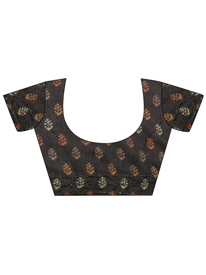 Black Printed Silk Blend Saree With Unstitched Blouse Piece