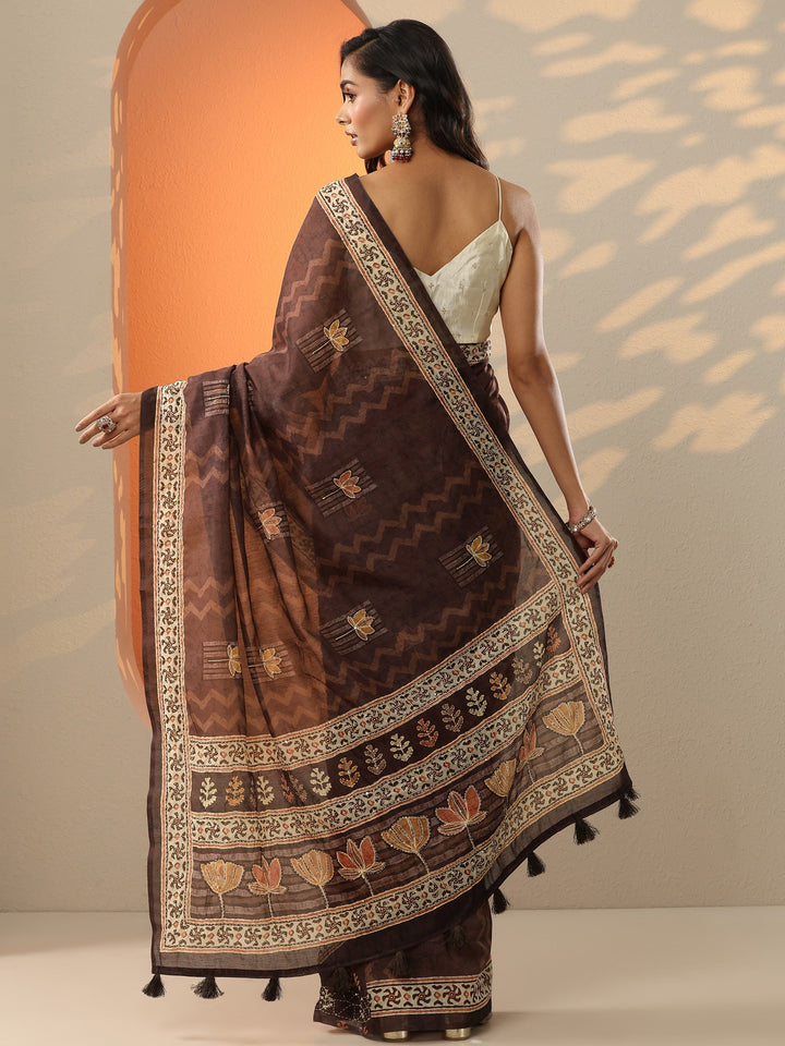 Brown Printed Silk Blend Saree With Unstitched Blouse Piece