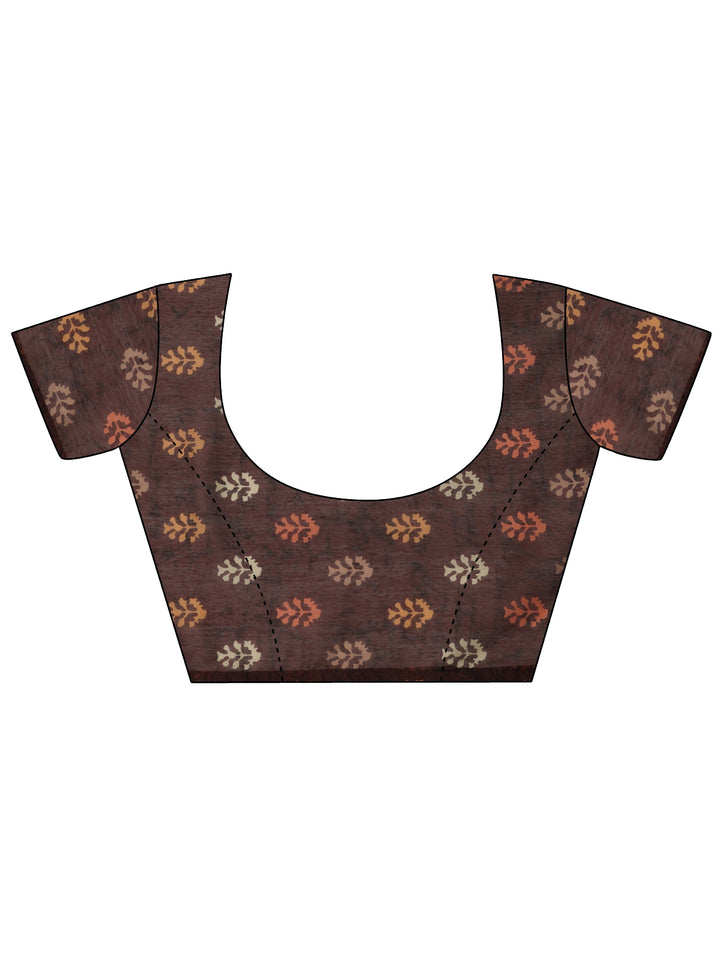 Brown Printed Silk Blend Saree With Unstitched Blouse Piece