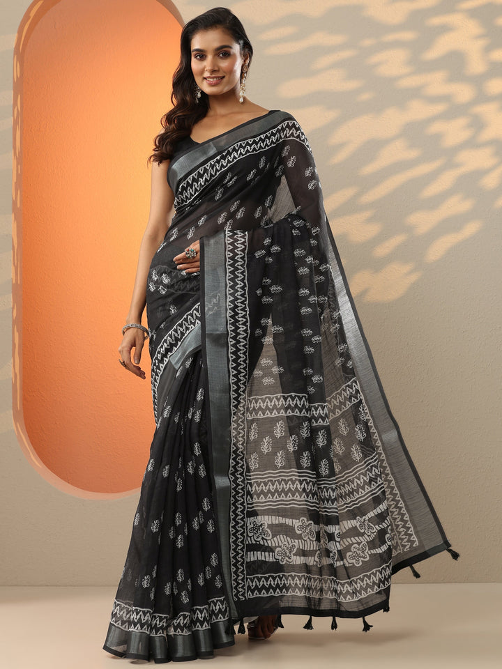 Black Printed Cotton Blend Saree With Unstitched Blouse Piece