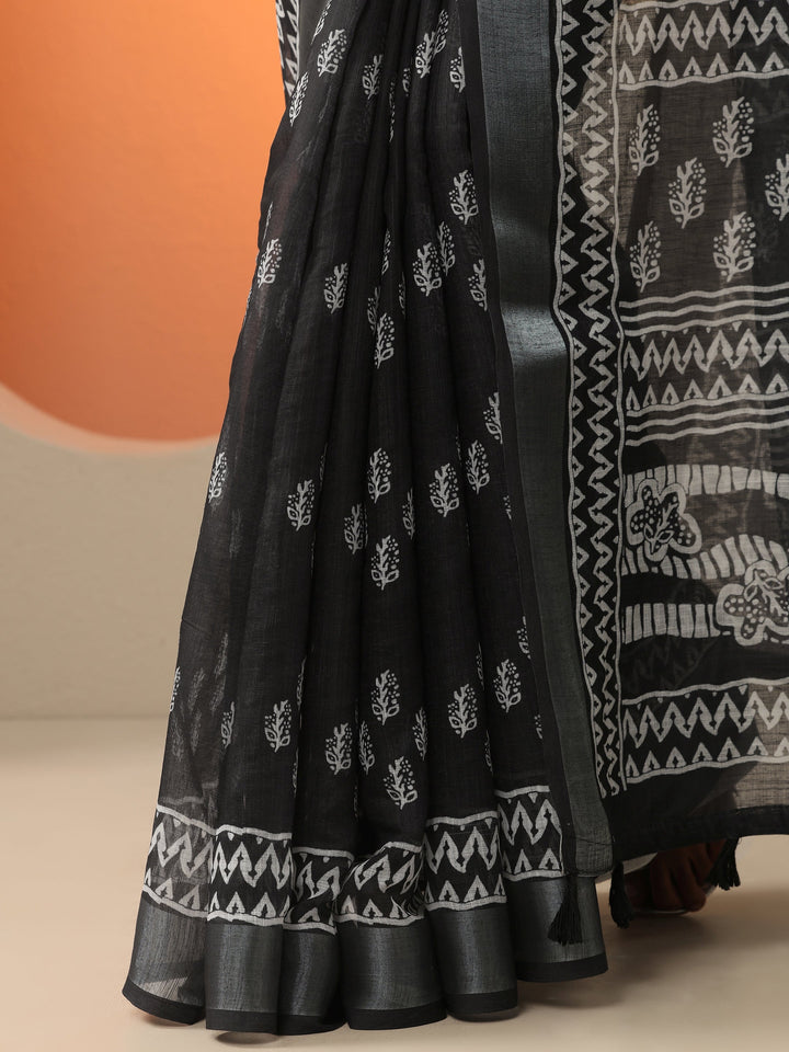 Black Printed Cotton Blend Saree With Unstitched Blouse Piece