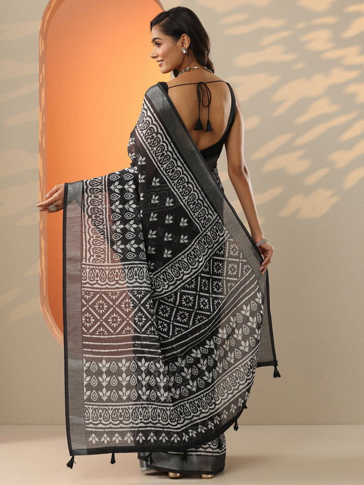 Black Printed Cotton Blend Saree With Unstitched Blouse Piece