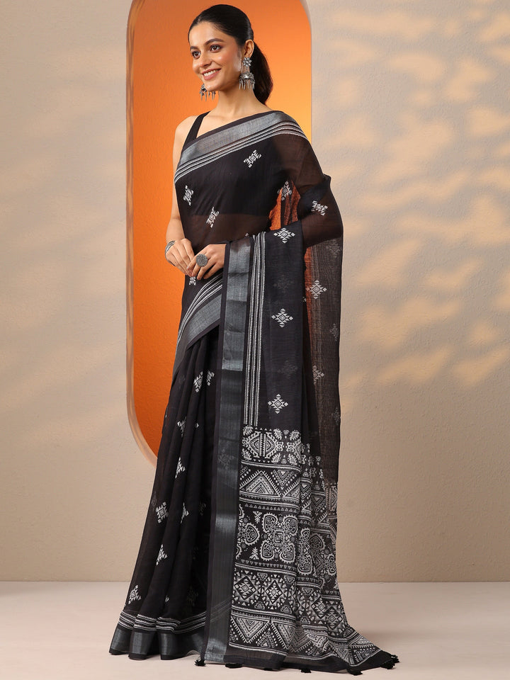 Black Printed Cotton Blend Saree With Unstitched Blouse Piece