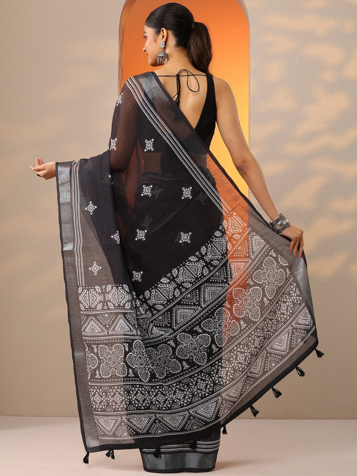 Black Printed Cotton Blend Saree With Unstitched Blouse Piece