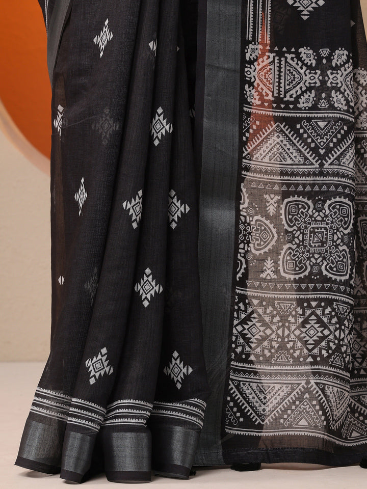 Black Printed Cotton Blend Saree With Unstitched Blouse Piece