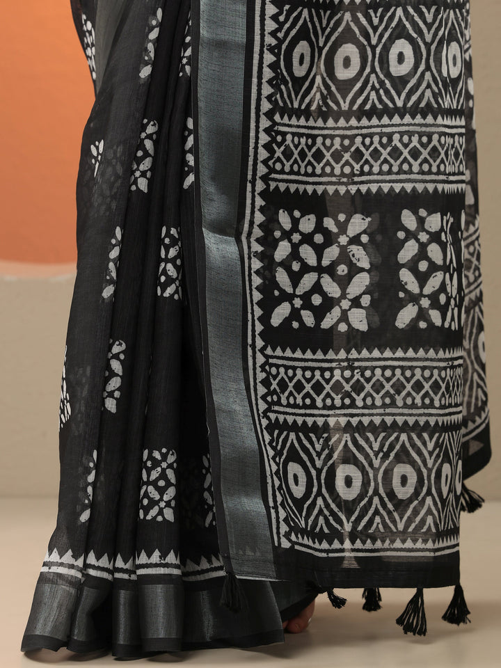 Black Printed Cotton Blend Saree With Unstitched Blouse Piece
