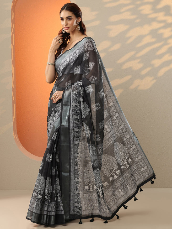 Black Printed Cotton Blend Saree With Unstitched Blouse Piece