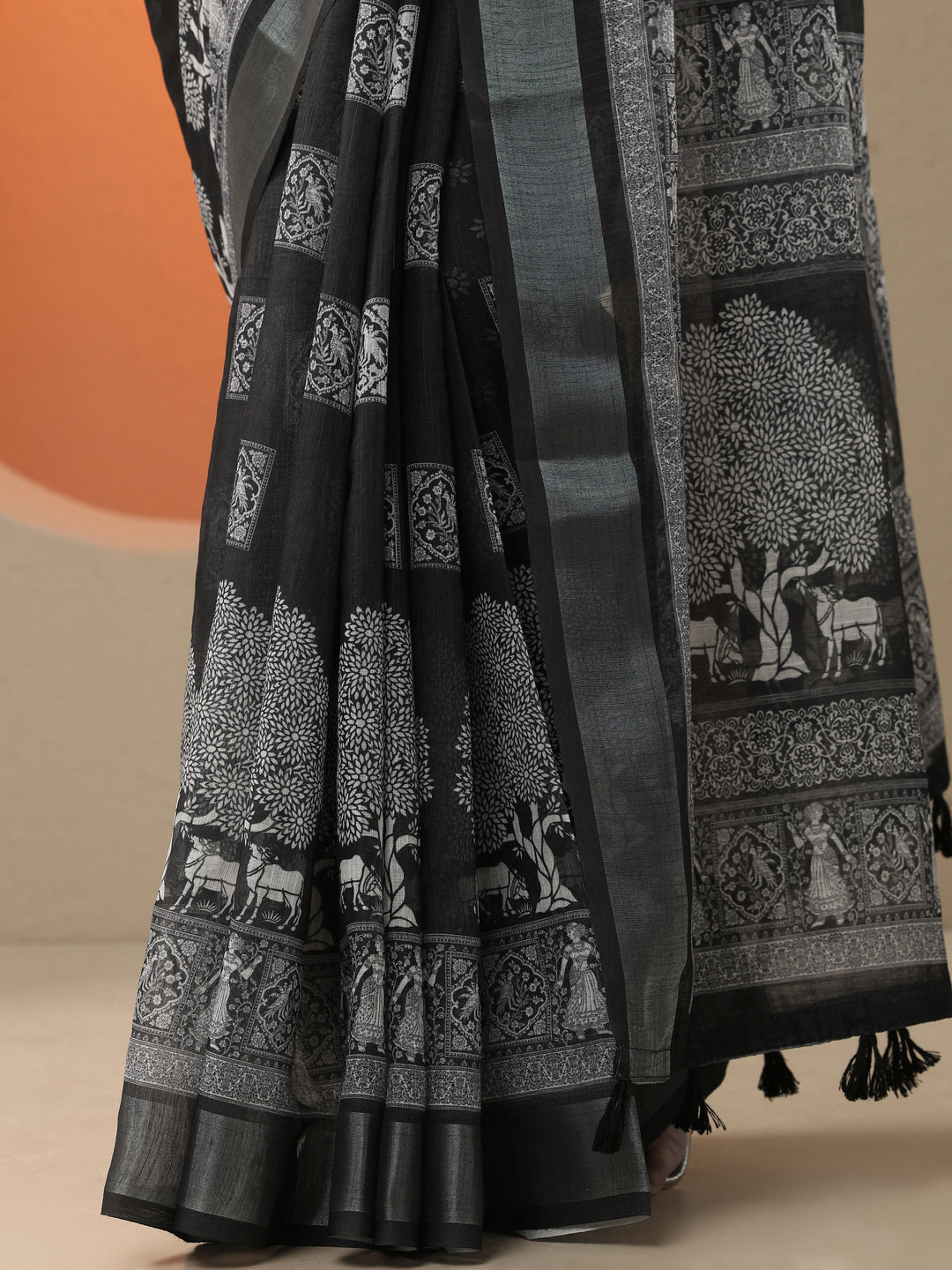Black Printed Cotton Blend Saree With Unstitched Blouse Piece