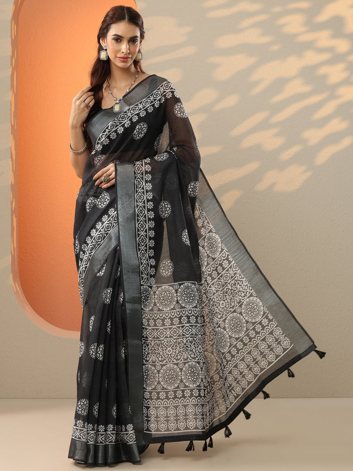 Black Printed Cotton Blend Saree With Unstitched Blouse Piece