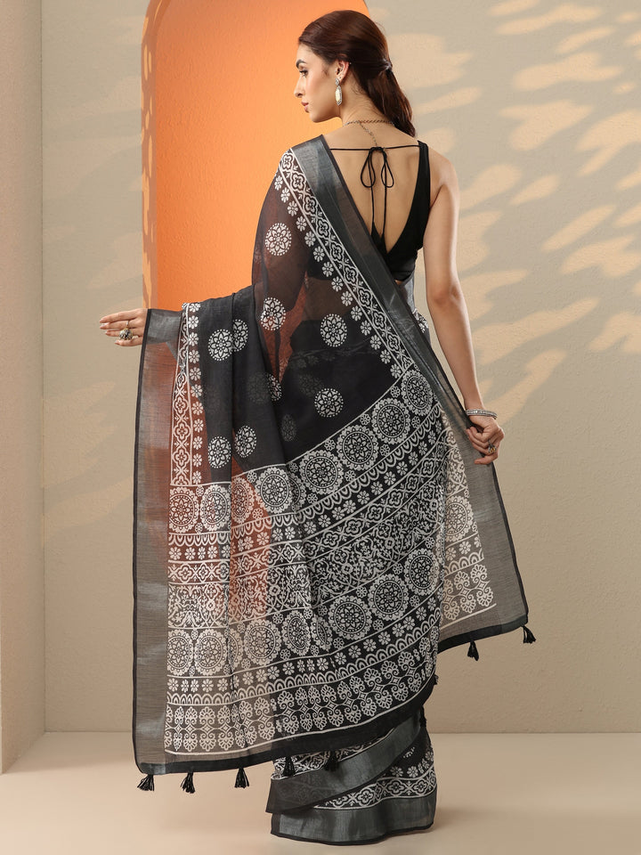 Black Printed Cotton Blend Saree With Unstitched Blouse Piece