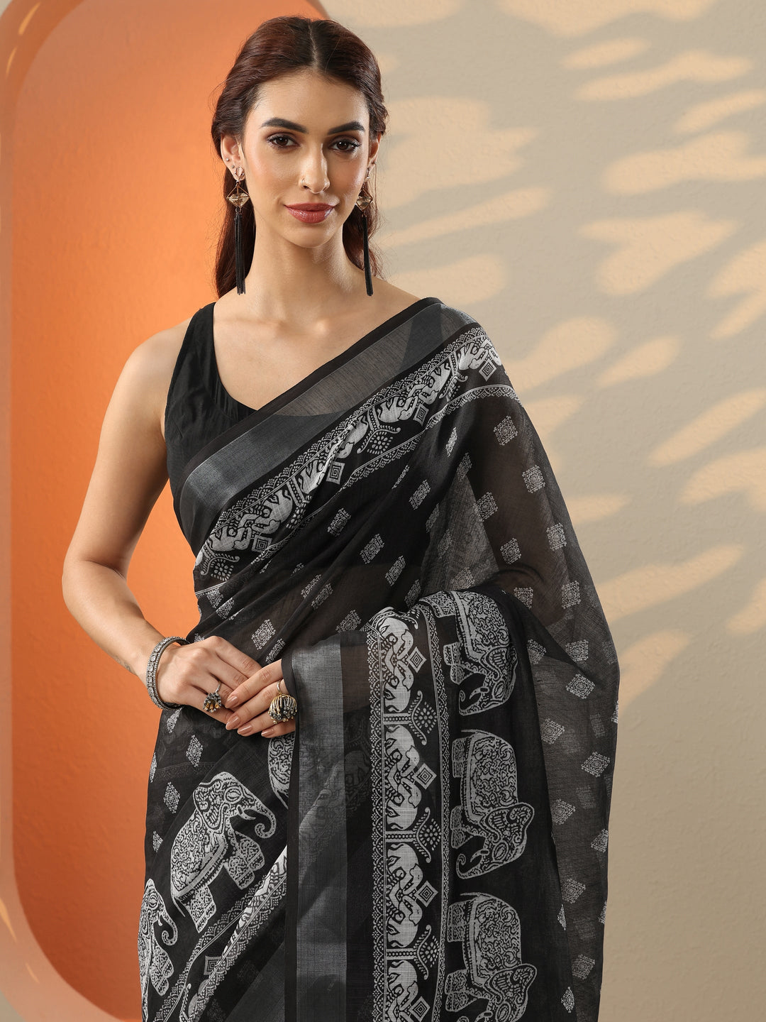 Black Printed Cotton Blend Saree With Unstitched Blouse Piece