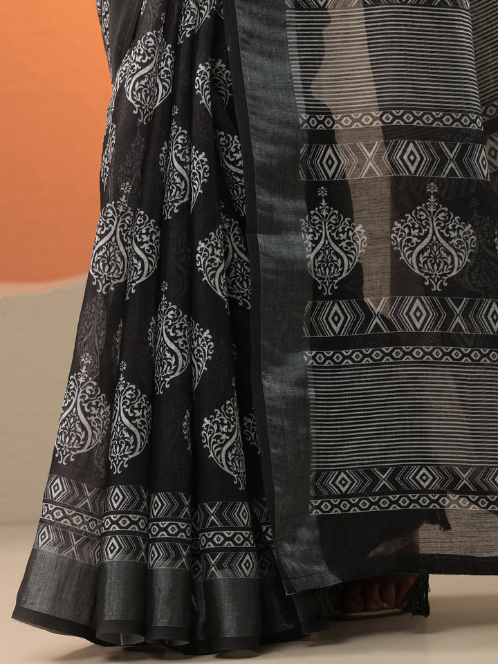 Black Jamdani Printed Cotton Blend Saree With Unstitched Blouse Piece
