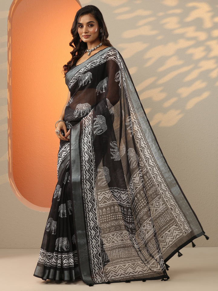 Black Printed Cotton Blend Saree With Unstitched Blouse Piece