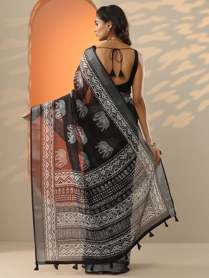 Black Printed Cotton Blend Saree With Unstitched Blouse Piece