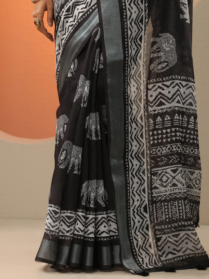 Black Printed Cotton Blend Saree With Unstitched Blouse Piece