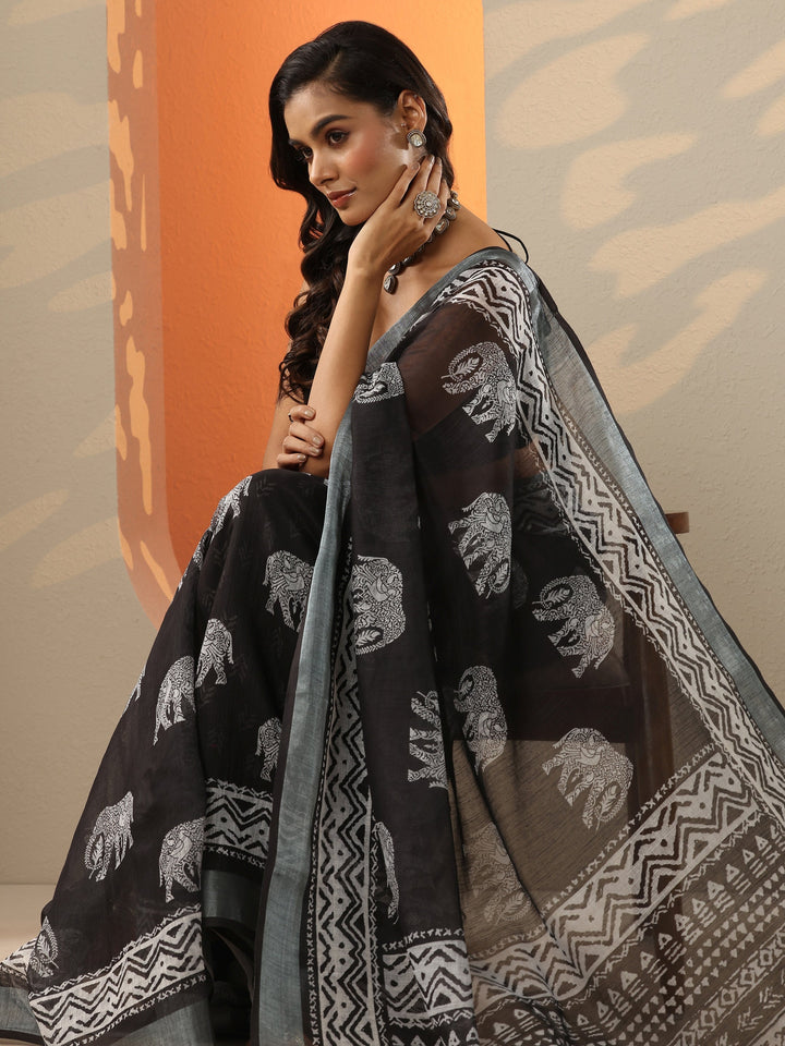 Black Printed Cotton Blend Saree With Unstitched Blouse Piece