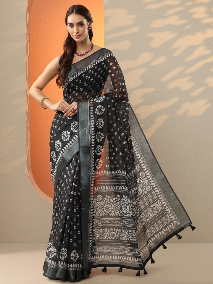Black Printed Cotton Blend Saree With Unstitched Blouse Piece
