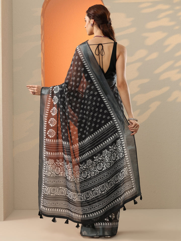 Black Printed Cotton Blend Saree With Unstitched Blouse Piece