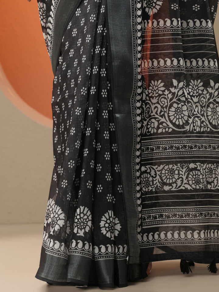 Black Printed Cotton Blend Saree With Unstitched Blouse Piece