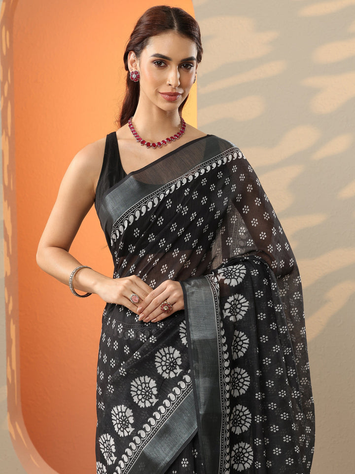 Black Printed Cotton Blend Saree With Unstitched Blouse Piece