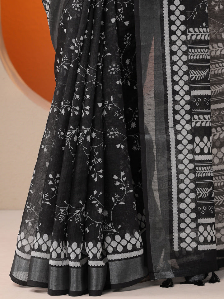Black Printed Cotton Blend Saree With Unstitched Blouse Piece