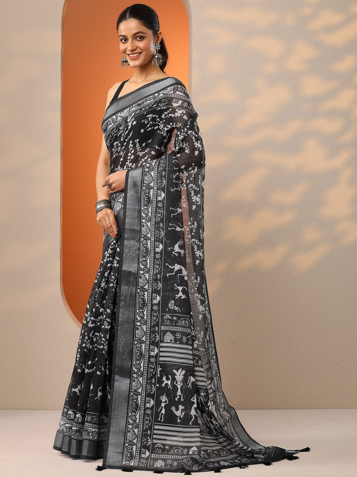 Black Printed Cotton Blend Saree With Unstitched Blouse Piece