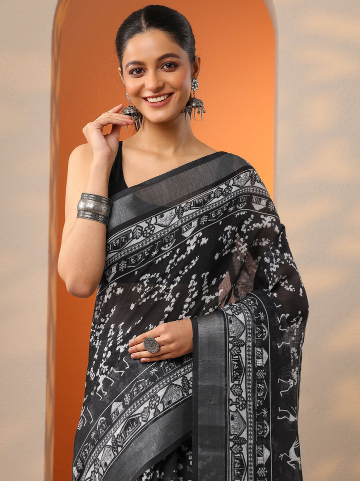 Black Printed Cotton Blend Saree With Unstitched Blouse Piece
