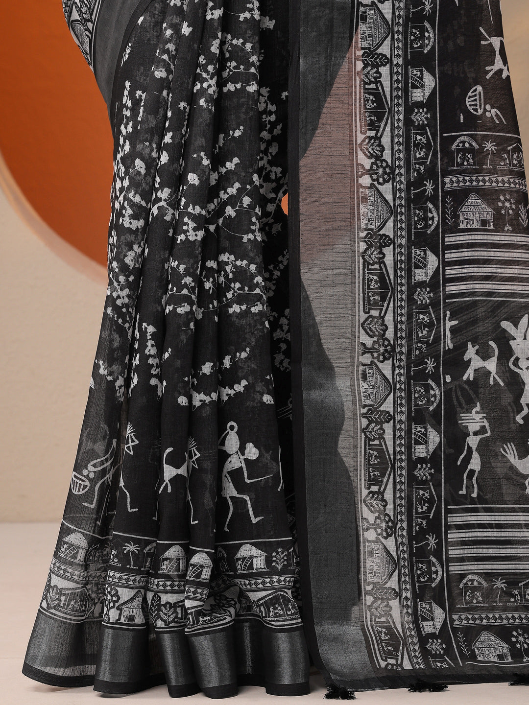 Black Printed Cotton Blend Saree With Unstitched Blouse Piece