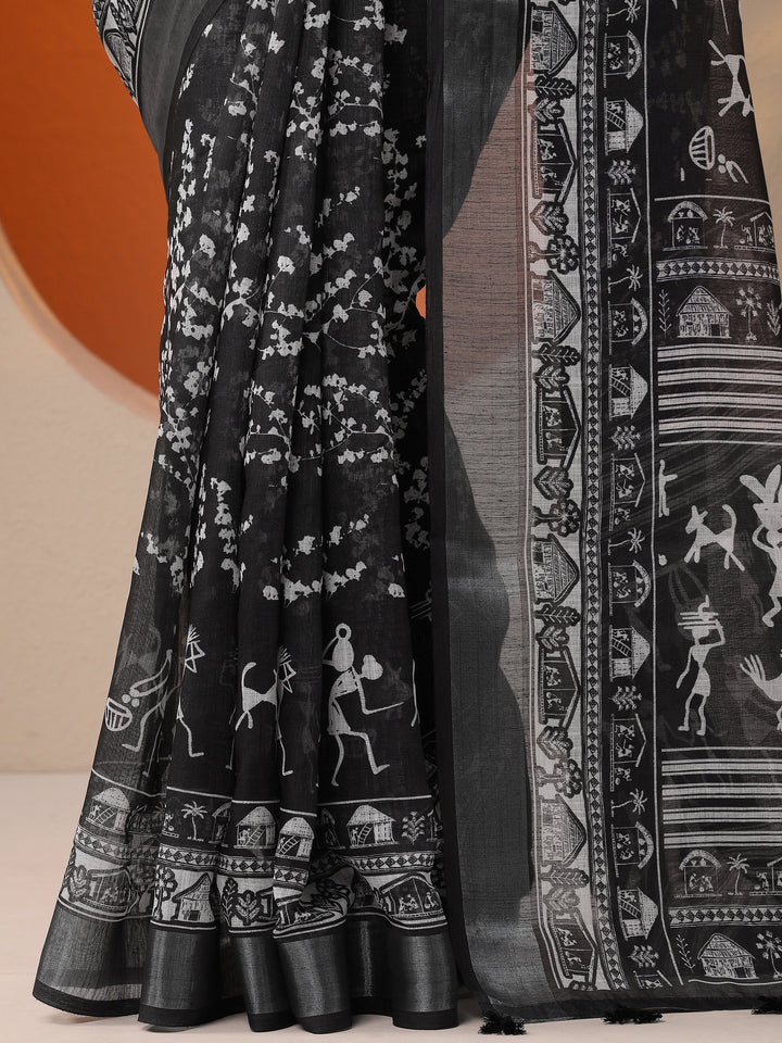 Black Printed Cotton Blend Saree With Unstitched Blouse Piece