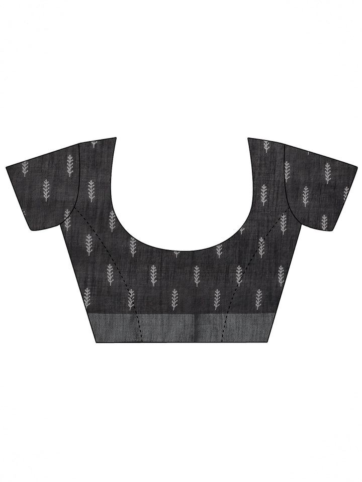 Black Printed Cotton Blend Saree With Unstitched Blouse Piece