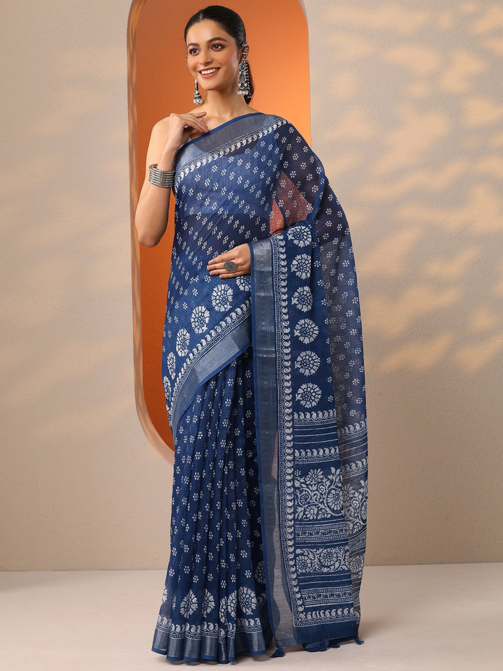 Blue Printed Cotton Blend Saree With Unstitched Blouse Piece