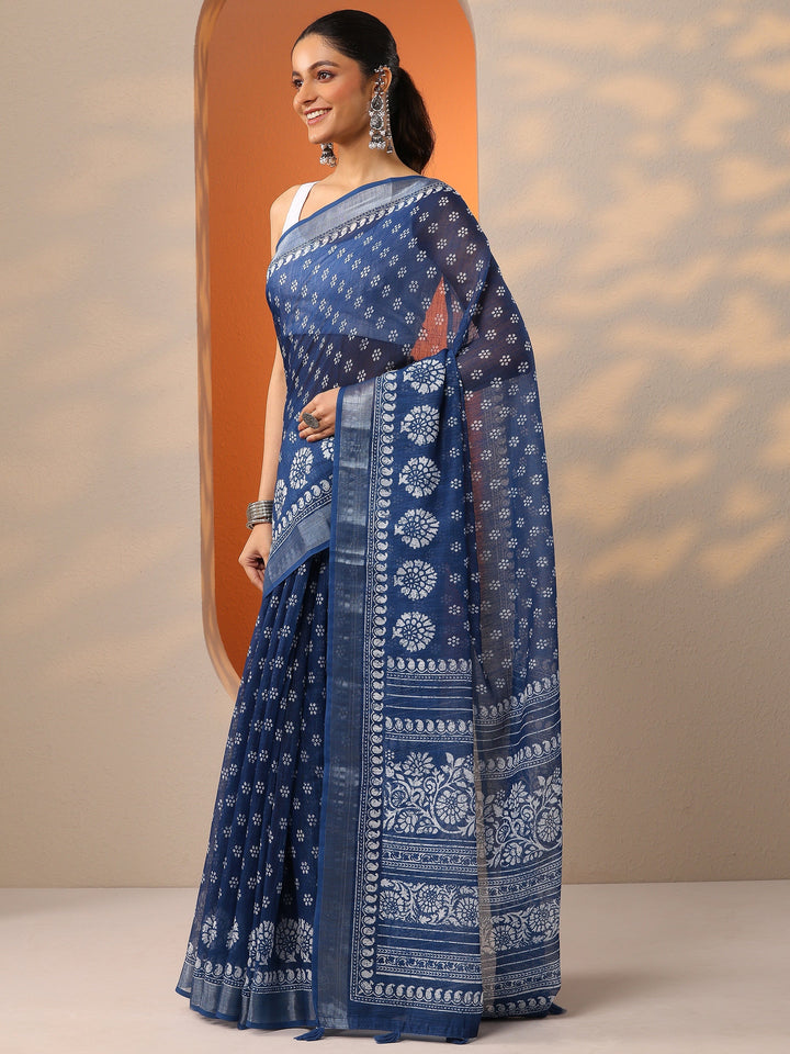 Blue Printed Cotton Blend Saree With Unstitched Blouse Piece