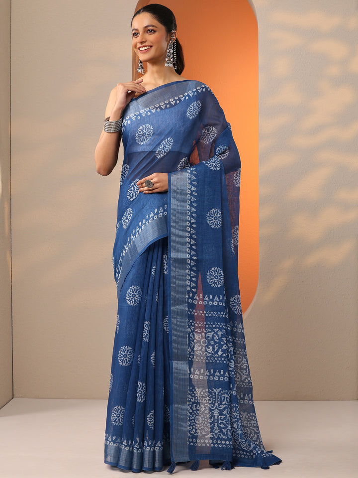 Blue Printed Cotton Blend Saree With Unstitched Blouse Piece