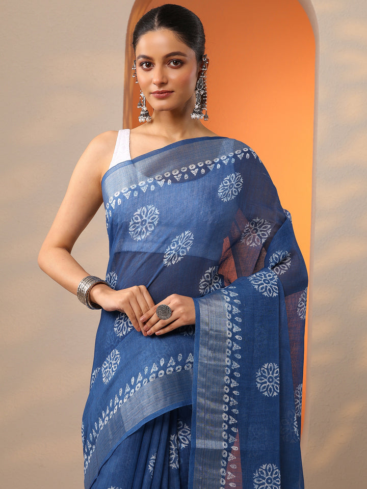 Blue Printed Cotton Blend Saree With Unstitched Blouse Piece