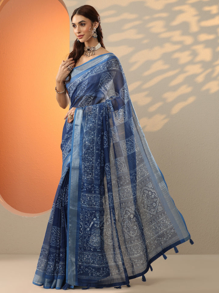 Blue Printed Cotton Blend Saree With Unstitched Blouse Piece