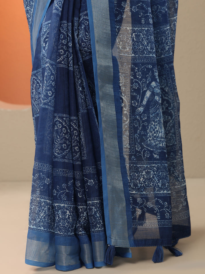 Blue Printed Cotton Blend Saree With Unstitched Blouse Piece