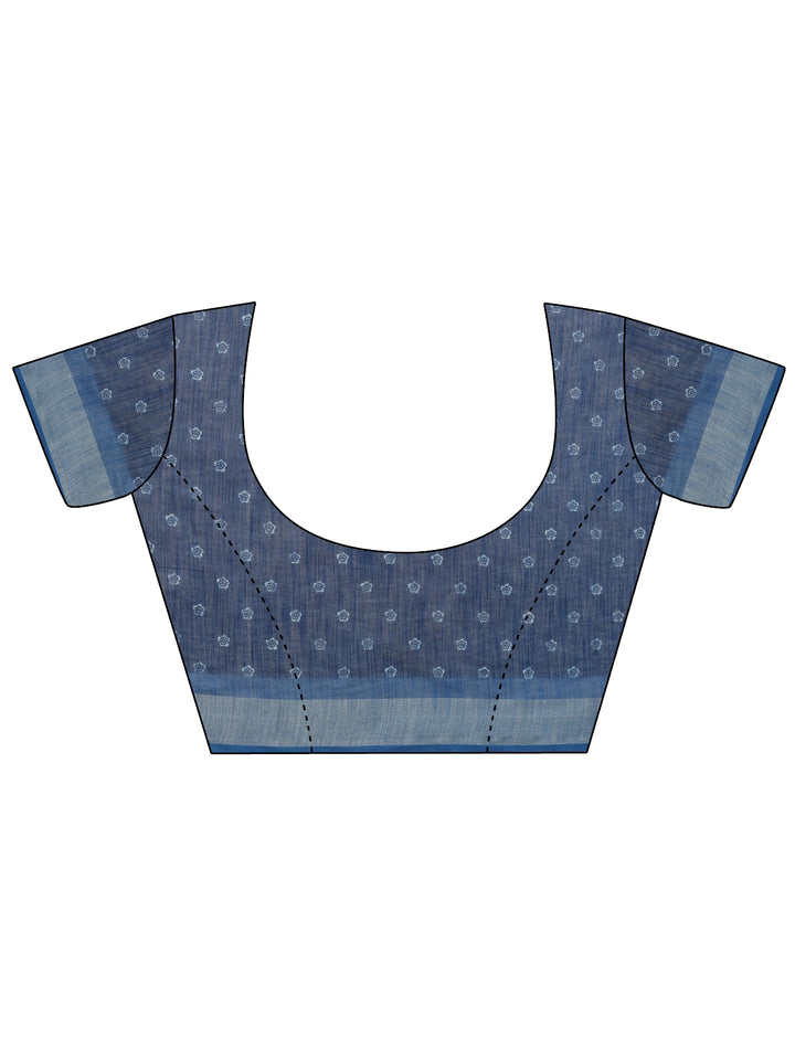 Blue Printed Cotton Blend Saree With Unstitched Blouse Piece