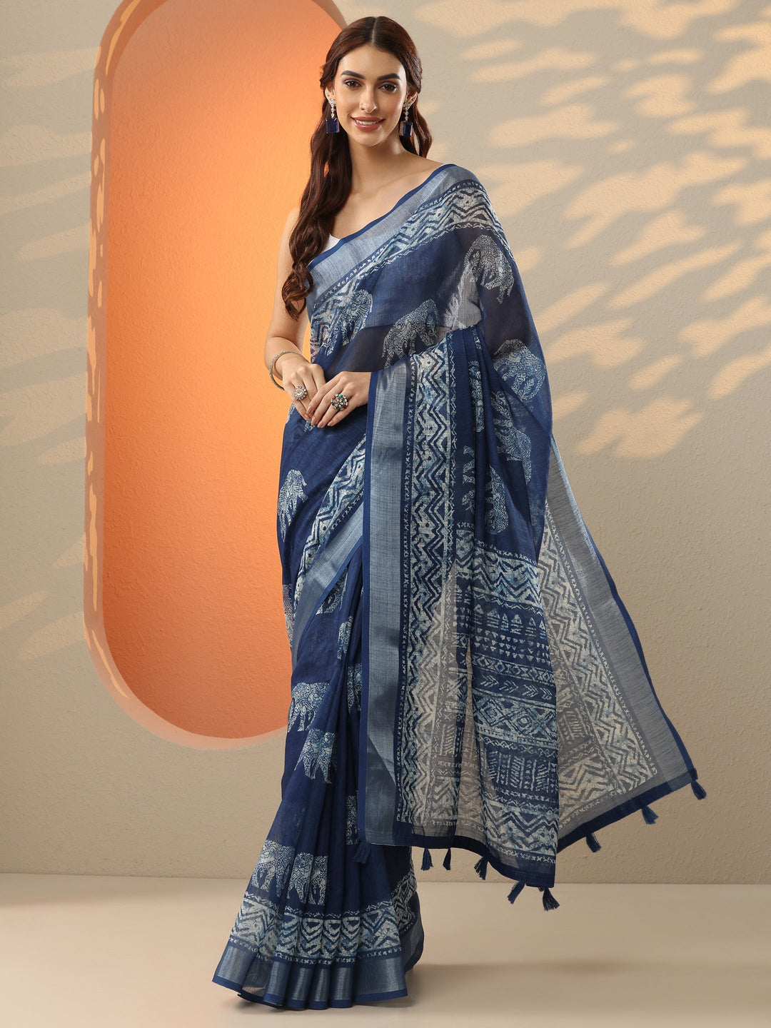 Blue Ikat Printed Cotton Blend Saree With Unstitched Blouse Piece