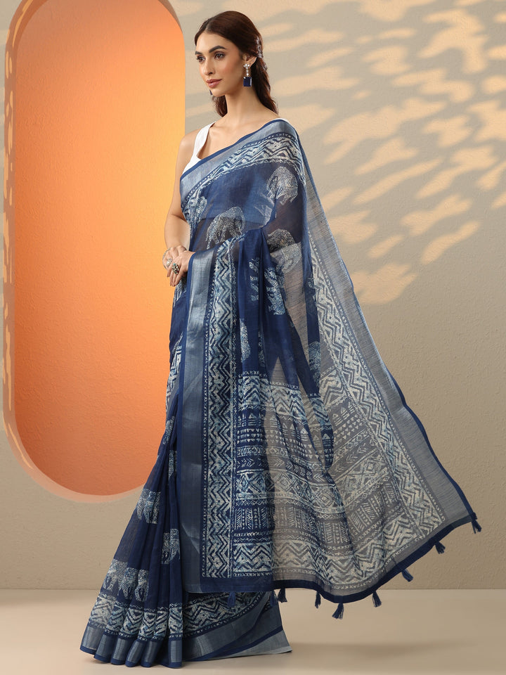Blue Ikat Printed Cotton Blend Saree With Unstitched Blouse Piece
