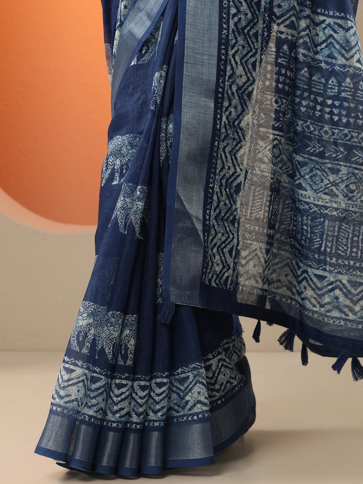 Blue Ikat Printed Cotton Blend Saree With Unstitched Blouse Piece