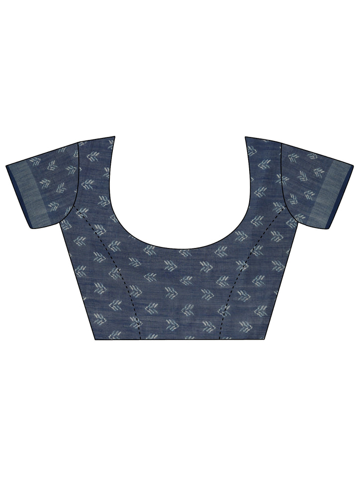 Blue Ikat Printed Cotton Blend Saree With Unstitched Blouse Piece