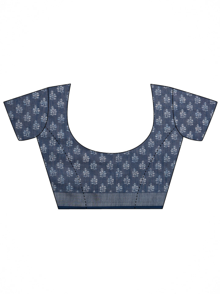 Blue Printed Cotton Blend Saree With Unstitched Blouse Piece