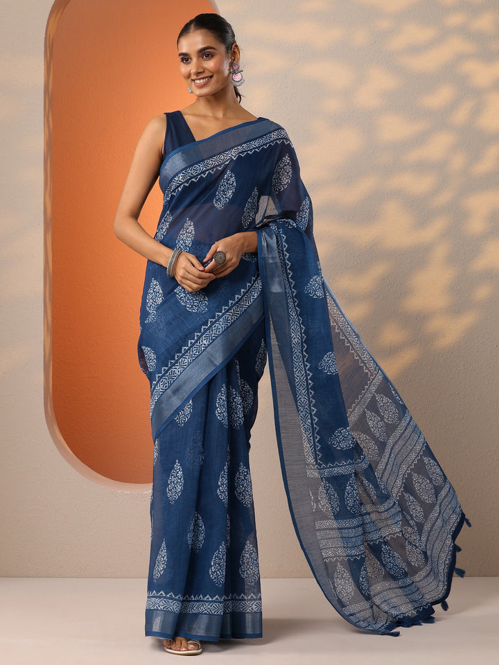 Blue Printed Cotton Blend Saree With Unstitched Blouse Piece