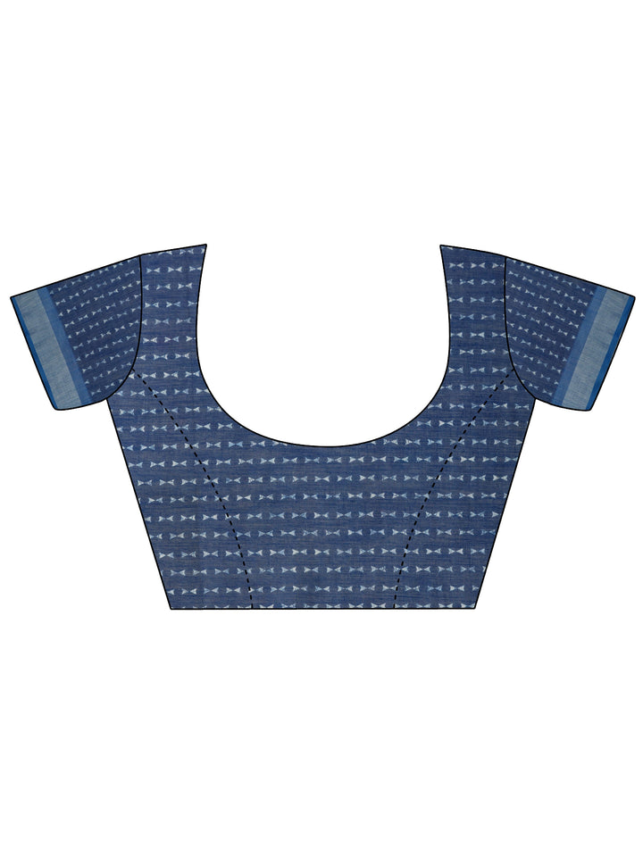 Blue Ikat Printed Cotton Blend Saree With Unstitched Blouse Piece