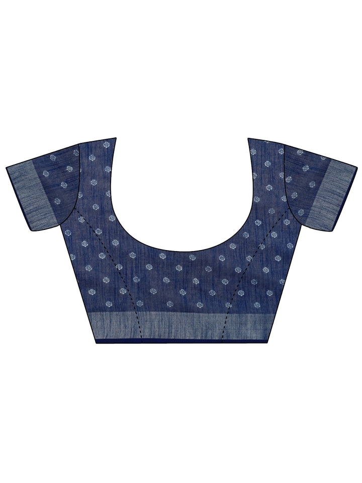 Blue Printed Cotton Blend Saree With Unstitched Blouse Piece