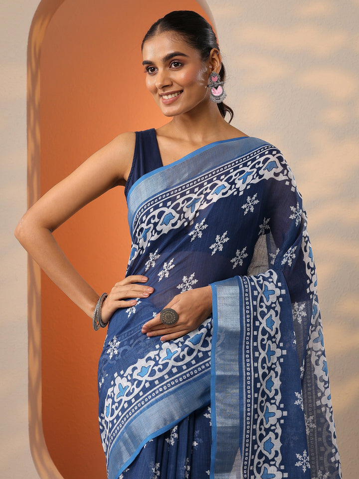 Blue Printed Cotton Blend Saree With Unstitched Blouse Piece